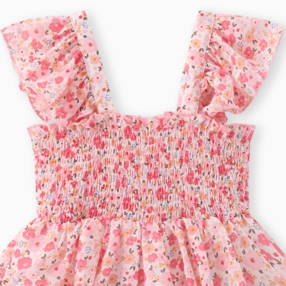 Toddler Girl Sweet Floral Print Smocked Ruffled Sleeveless Dress - Picture 2 of 5